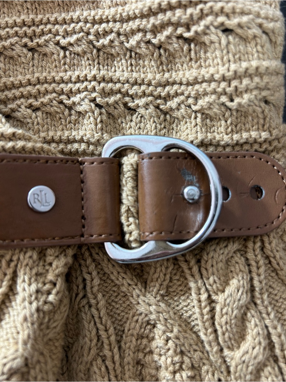 Lauren Ralph Lauren Cable Knit Sweater Vest Size L Belted Buckle Shawl Collar - Picture 4 of 8